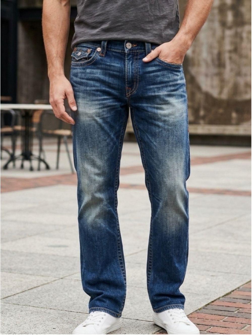 True Religion Men's Relaxed Straight Jeans button fly Blue Wash 36x28 work 1318